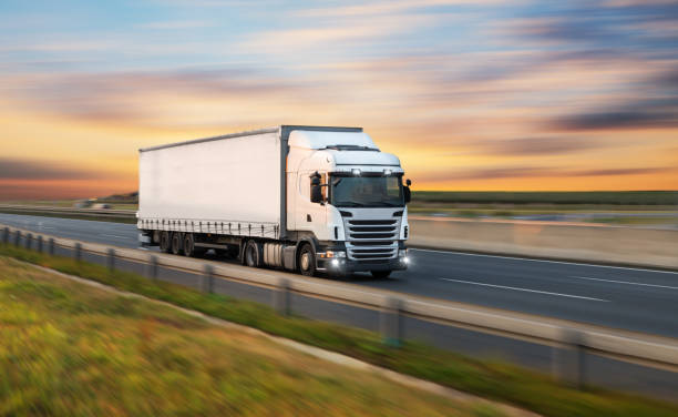 truck with container on highway, cargo transportation concept. shaving effect.